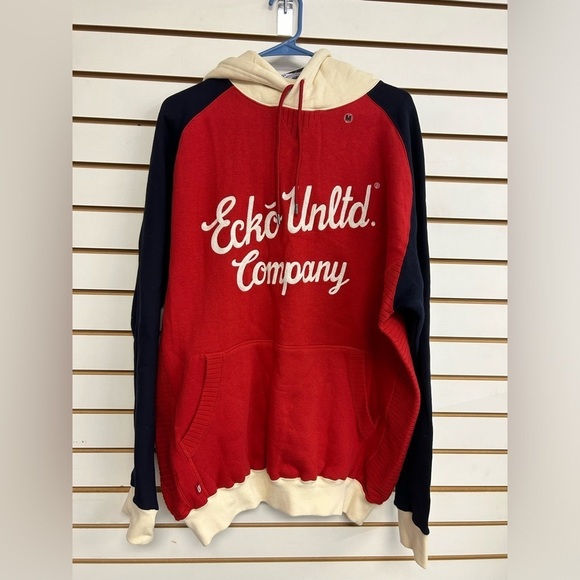 Ecko Unltd. Hoodie Pullover Red/Blue/Cream Embroidered NWT Hand Warmer Pocket - Picture 1 of 14